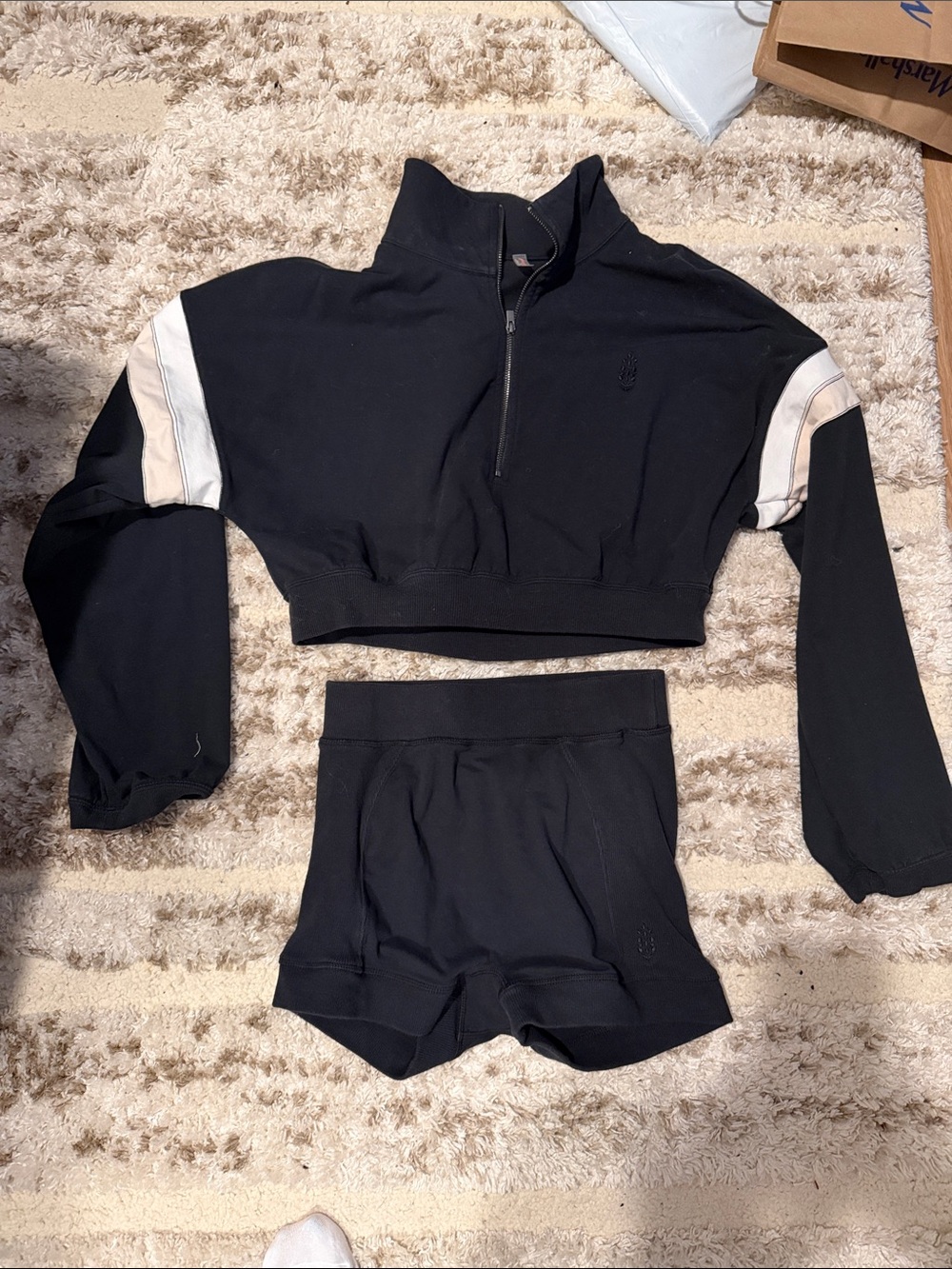 Free People Black Cropped Half-Zip Pullover & Bike Shorts Set with White Stripe